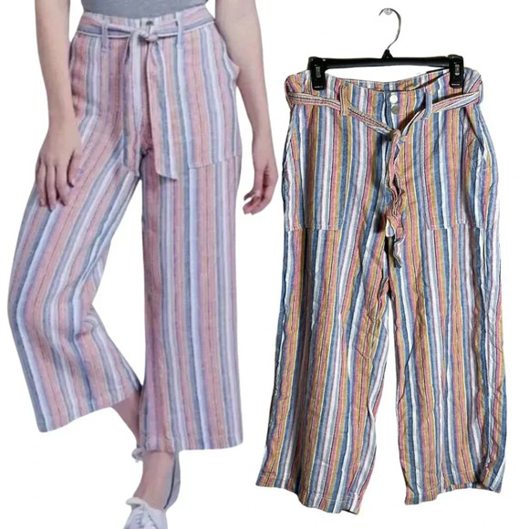 7 For All Mankind Striped Linen Wide Leg Pants Women's Size 10 Multicolor Ankle - Picture 1 of 16